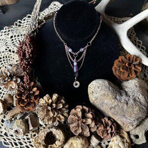 Amethyst & Crinoid Fossil Wire Wrapped Pendent with Rose Gold Chain